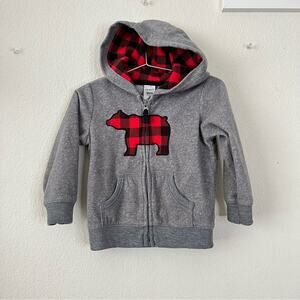 Carter’s Bear Buffalo Plaid Full Zip Hoodie Fleece Sweatshirt red black gray